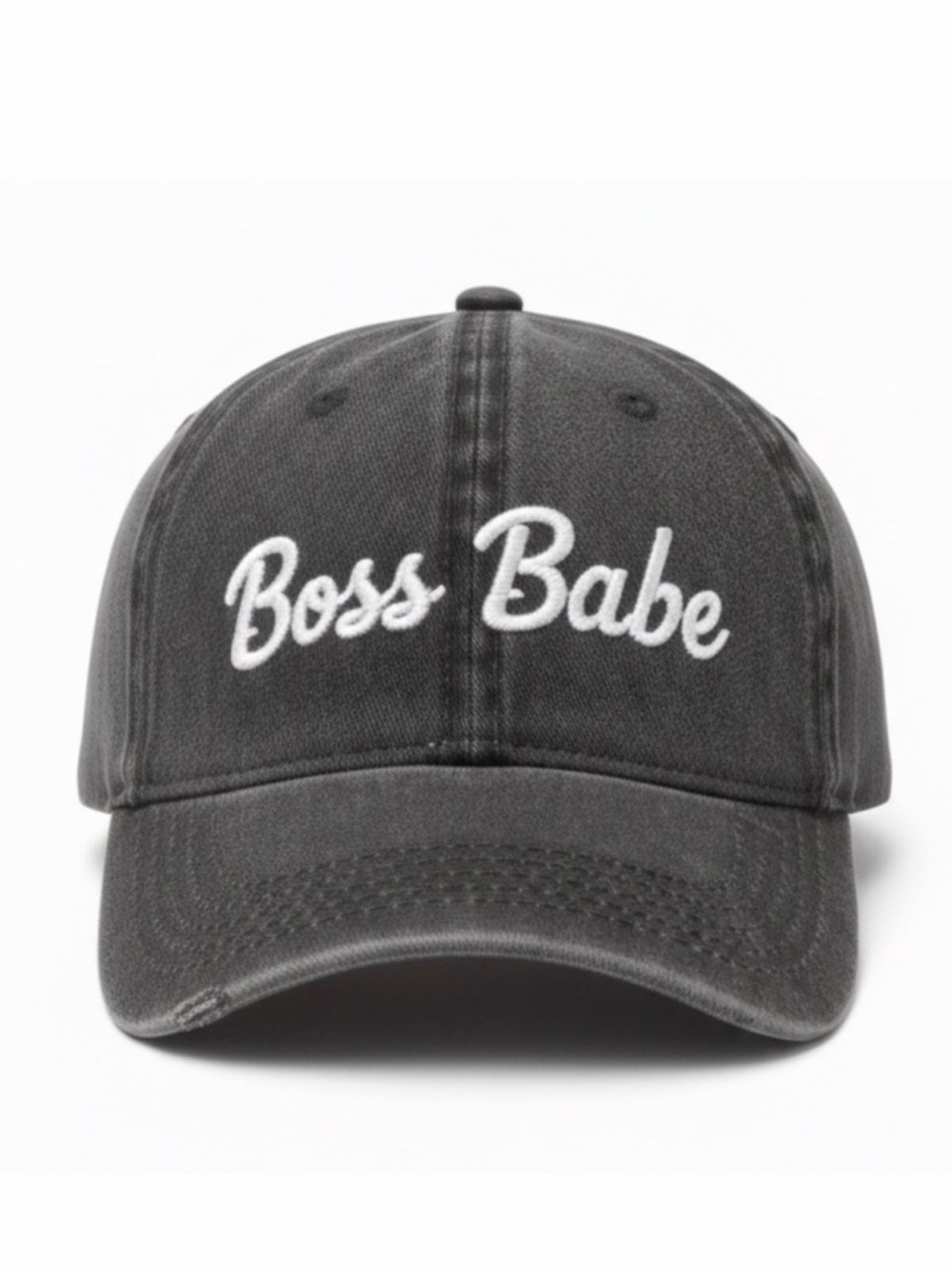 🩶Boss Babe Embroidered Baseball Cap Charcoal Grey Distressed Hat Gold Buckle NWT